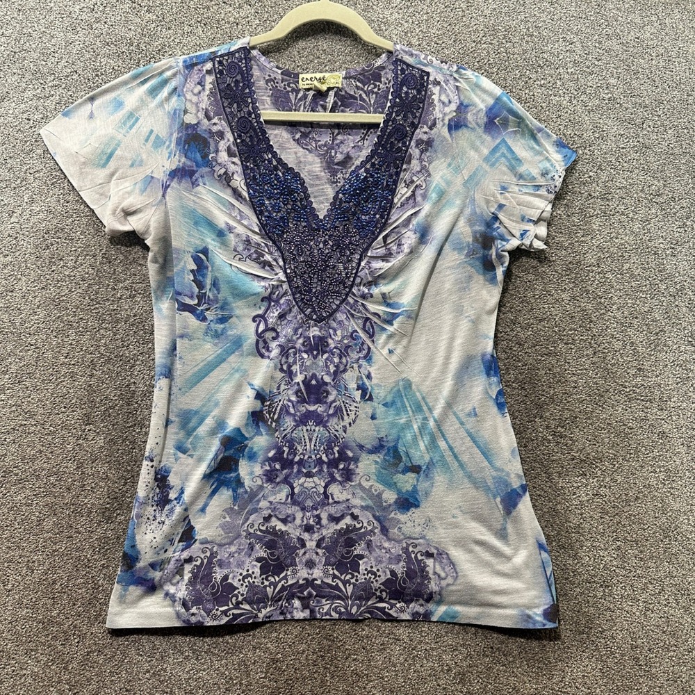 Enerege  TShirt Top Women XL Blue Y2k‎ Tie Dye V Neck Short Sleeve